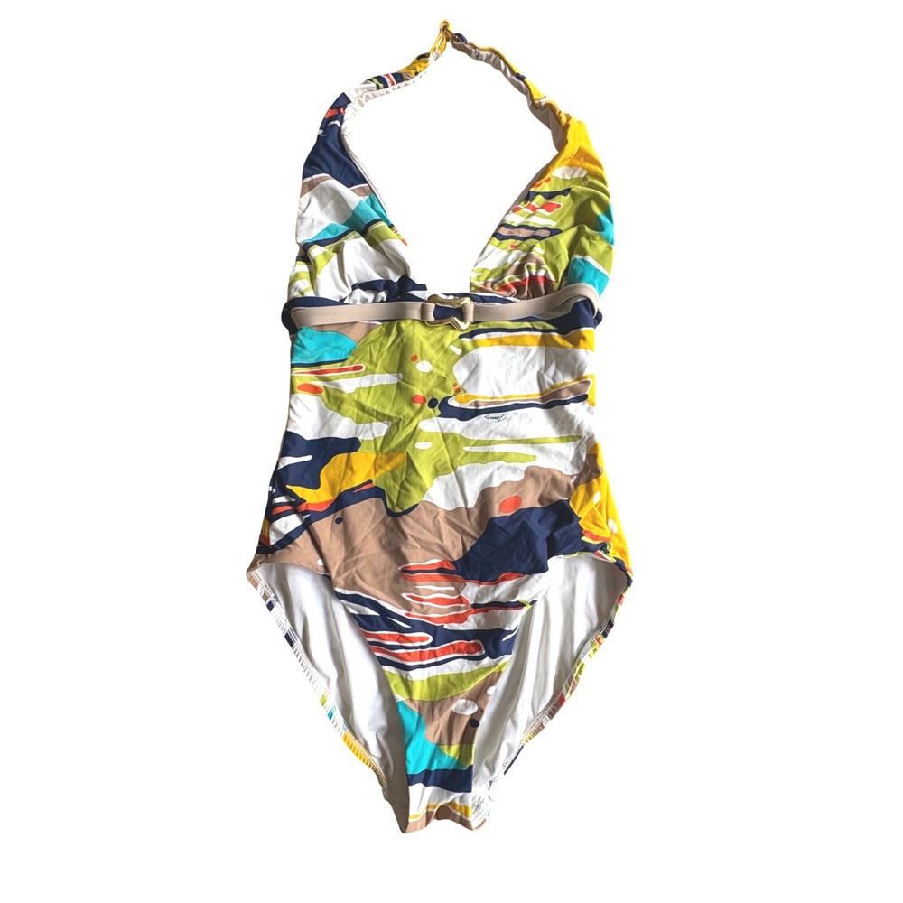 $172 Trina Turk Sz SMALL Abstract Halter Gold Belted One Piece Swimsuit Blue Red